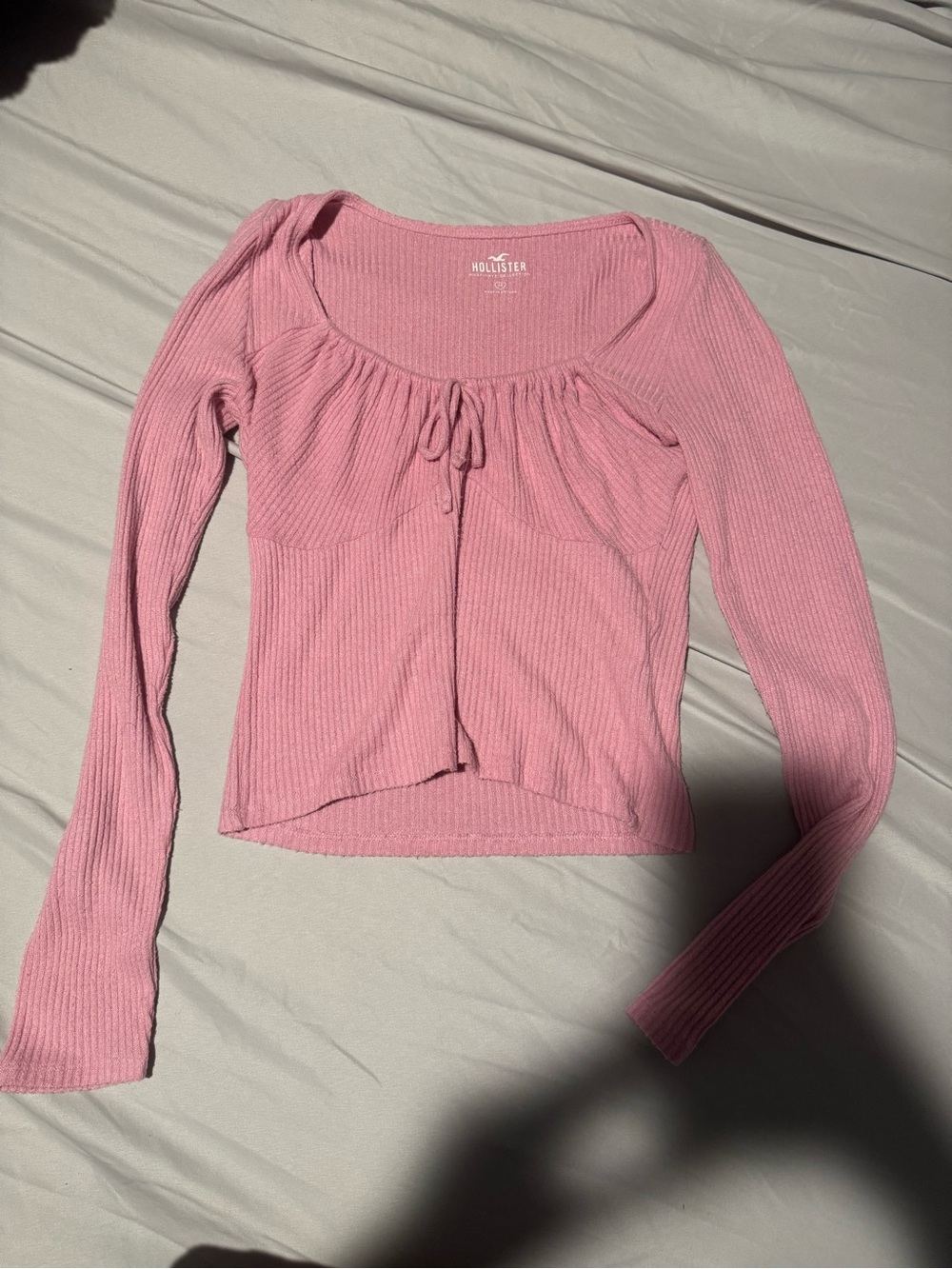 Hollister Dusty Pink Ribbed Long Sleeve Scoop Top with Tie